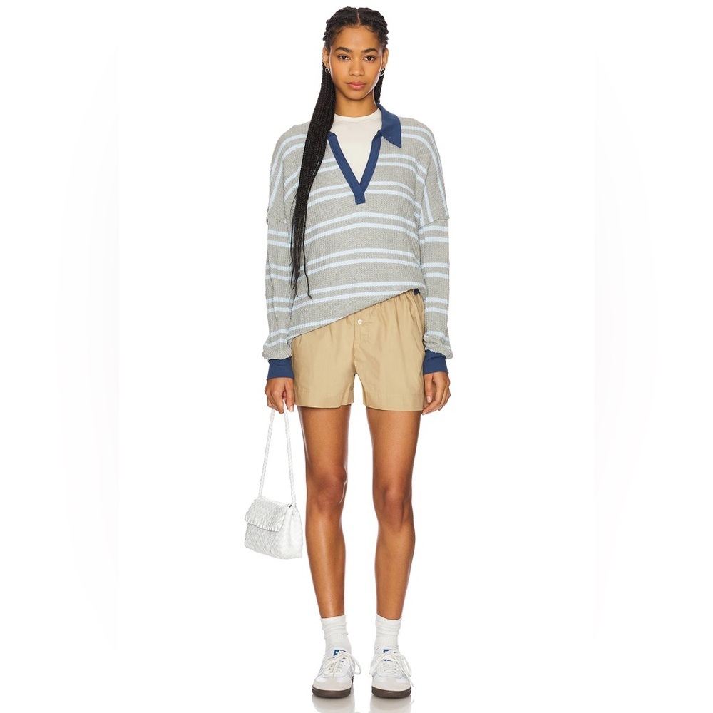FREE PEOPLE Stripe Travis Polo Tee in Heather Gray Combo S